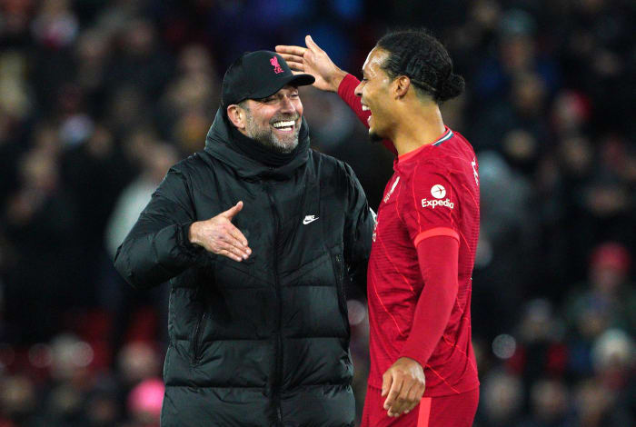 Jurgen Klopp (left) and Virgil van Dijk pictured congratulating each other following a 6-0 win over Leeds in February 2022